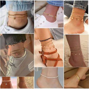 Gold Anklet Set with Cuban Link Chain and Evil Eye